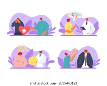 Ayuda psicológica para personas, conjunto de ilustraciones vectoriales. Carácter hombre mujer con problemas de psicología, doctor hablar con paciente, dar píldoras.