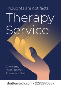 Psychological help poster. A hand on a dark background catches a ray of light. Laconic design. Vector illustration