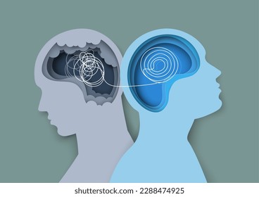 Psychological help and psycho therapy for mental health vector illustration. Two human heads silhouette paper cut design
