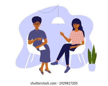 Psychological help. Psychotherapy session, therapy mental problem or female depression treatment. Sad woman and psychologist talking sitting on chairs. Anxiety, stress, health care vector illustration