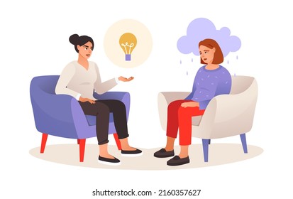 Psychological help. A sad woman in a session with a psychologist. A conversation with a psychologist. Mental health. Cartoon vector illustration