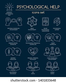 Ayuda psicológica. Conjunto de símbolos blancos para orientación psicológica, consultoría, psicoterapia. Diseño plano. Vector