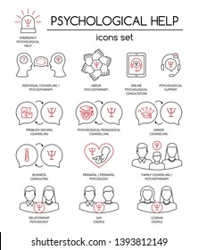 Psychological help. Set of linear icons symbols for psychology counseling, consulting, psychotherapy. Black and red. Flat design. Vector illustration