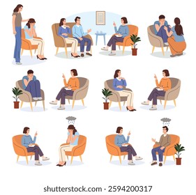 Psychological help. A set of people visit a psychologist. SessioFamily psychologist. Reception at the psychologist. Conversation.  Flat vector illustration