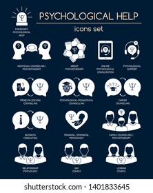 Psychological help. Set of white silhouette icons, symbols for psychology counseling, consulting, psychotherapy. Flat design. Vector