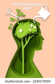 Psychological help and support vector illustration. Anxiety syndrome, ptsd an mental disorder therapy. Patient head with growing tree inside, watering can and scissors paper cut art style design