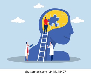 psychological help and support,man people putting puzzle pieces of person head   people treating personality disorder flat vector illustration. Mental health concept