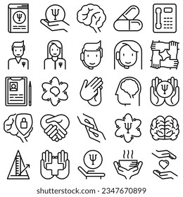 Psychological help thin line icons: psychologist, helping hand, depression, deviation, hypnosis, mental disorder, stress, support, four hands. Vector illustration.