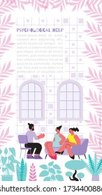 Psychological Help Vertical Flat Banner With Text Field And Two Women Talking To Male Psychologist Vector Illustration