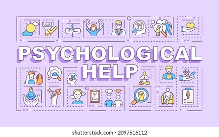 Psychological help word concepts purple banner. Mental disorder recovery. Infographics with linear icons on background. Isolated typography. Vector color illustration with text. Arial-Black font used