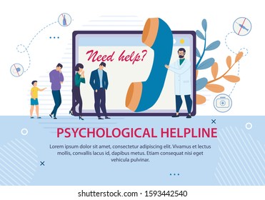 Psychological Helpline Promotion. Advertising Text Banner. Doctor with Huge Handset and Patients Queue. Psychologist Counseling, Support and Help Online. Psychotherapy. Vector Cartoon Illustration