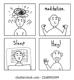 Psychological hygiene. Ways to relieve stress and anxiety. A man worries, meditates, sleeps, smiles. Cartoon style. Comic. Black and white vector illustration isolated on white background.