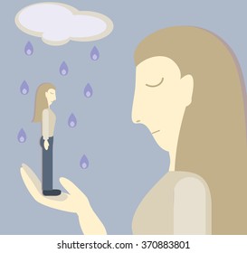 Psychological illustration of stress and depression. The woman holds herself in hand, under Doge. Small self esteem vector illustration