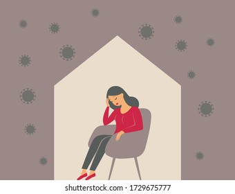 The psychological impact of coronavirus quarantine lockdown. Woman sitting alone inside her house, feeling stress emotion, depression. Flat vector illustration