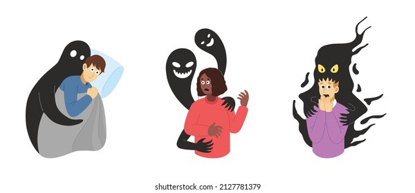 Psychological instability set. Phobias collection. People suffering from mental problems. Illustration in flat style