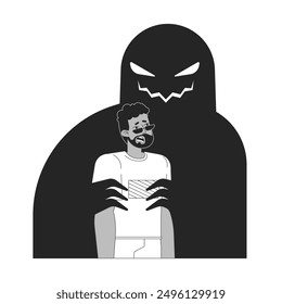 Psychological manipulation black and white 2D illustration concept. Abuse victim guy african american adult frightened outline character isolated. Nightmare evil metaphor monochrome vector art