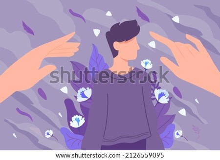Psychological manipulation concept. Hands control man, insecure character. Inner confusion, psychological and mental problems. Unconscious young guy, control. Cartoon flat vector illustration