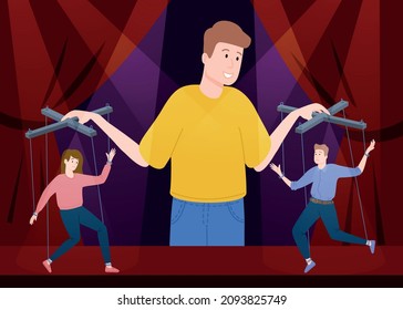 Psychological manipulation influence flat composition with male human character ruling two puppets with theater curtains background vector illustration