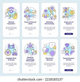 Psychological marketing strategies onboarding mobile app screen set. Walkthrough 4 steps editable graphic instructions with linear concepts. UI, UX, GUI template. Myriad Pro-Bold, Regular fonts used