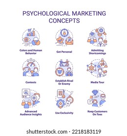 Psychological marketing tactics concept icons set. Interaction with consumers idea thin line color illustrations. Isolated symbols. Editable stroke. Roboto-Medium, Myriad Pro-Bold fonts used