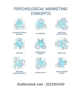 Psychological marketing tricks turquoise concept icons set. Engage consumers idea thin line color illustrations. Isolated symbols. Editable stroke. Roboto-Medium, Myriad Pro-Bold fonts used