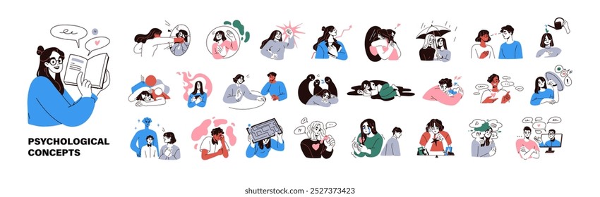 Psychological and mental health concepts. Characters with psychology and mind problems, disorders, anxiety and fear emotions, depression, stress. Flat vector illustrations isolated on white background