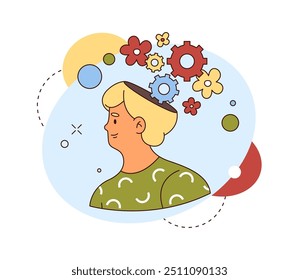Psychological and mental health, embracing self, cognition and acceptance. Vector flat cartoon character with cogwheels in brain. Psychology treatment and therapy, session and healthcare