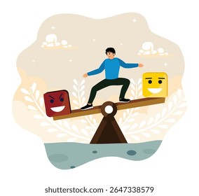 Psychological and mental stability. A man balances positive and negative emotions.