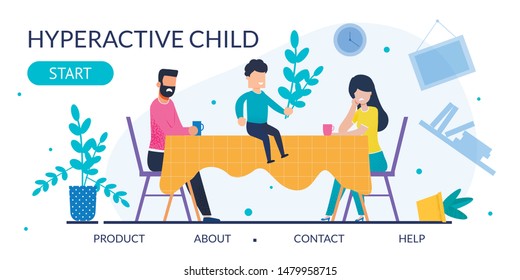 Psychological Method in Therapy Hyperactive Child. Advertising Flat Landing Page. Frustrated Parents, Upset Mother and Father Sitting and Looking at Misbehave Son on Table Illustration. Vector Cartoon