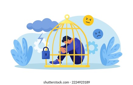 Psychological mindset as feeling like trapped in birdcage. Inner prison as mind state. Personal mental trap as closed cage. Stuck in comfort zone. Mental illness, anxiety, depression, loneliness
