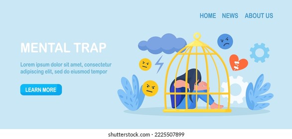 La mentalidad psicológica se sentía atrapada en la jaula. Prisión interior como estado mental. Una trampa mental personal como jaula cerrada. Atrapado en zona de confort. Enfermedades mentales, ansiedad, depresión, soledad