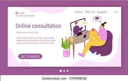 Psychological online services landing page template - distance support at home by internet. Upset girl crying and talking with psychologist, individual helpful therapy session or consultation vector