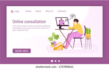 Psychological online services landing page template - pset girl talking with psychologist in video chat or by video call, individual distance therapy session or consultation by internet - vector