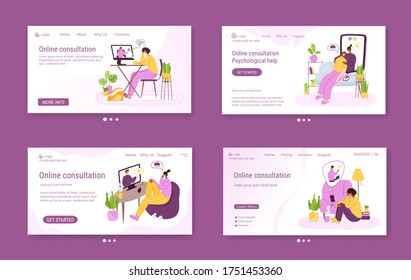 Psychological online services landing page template - distance support at home by internet and video calls. Upset people talking with psychologist, individual therapy session or consultation - vector
