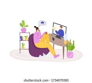 Psychological online services - personal distance support or assistance at home by internet. Upset girl crying and talking with psychologist, individual helpful therapy session or consultation vector