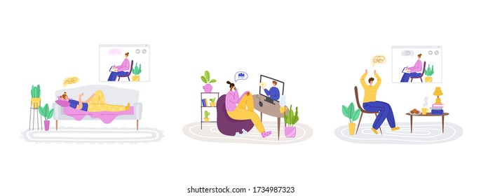 Psychological online services - personal distance support or assistance at home by internet. Upset people talking with psychologist, individual helpful therapy session or consultation - vector set