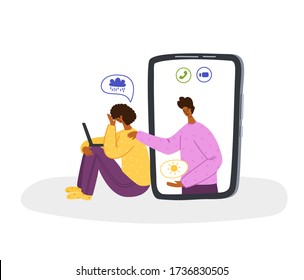 Psychological online services - personal distance support or assistance at home by internet. Upset girl crying, talking with psychologist by phone, individual therapy session or consultation vector