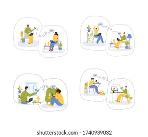 Psychological online services - personal distance support or assistance at home by internet. Upset people crying and talking with psychologist online, individual therapy session or consultation vector
