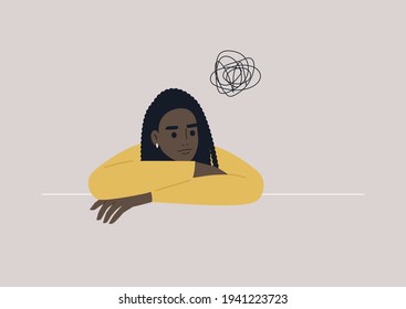 A psychological portrait of a young confused female Black character, an anxiety and depression concept, psychotherapy