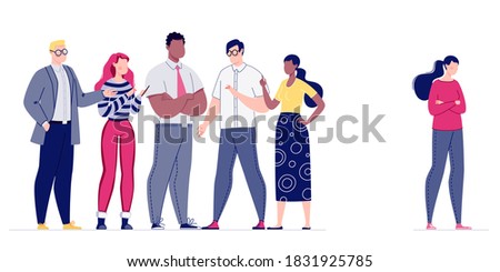 Psychological pressure on the employee by the management of the company or the whole team. The staff does not accept a colleague in their team. Mobbing. Vector. Illustration in flat cartoon style.