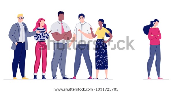 Psychological pressure on the employee by the
management of the company or the whole team. The staff does not
accept a colleague in their team. Mobbing. Vector. Illustration in
flat cartoon
style.
