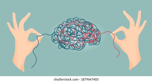 Psychological problem metaphor. Health of the mind. Hands of psychologist or therapist or psychiatrist distressing brain aggrieved. Treatment and Psychotherapy for mental disorders