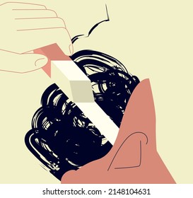 Psychological problem poster design. Confusion in one's own thoughts. The concept of a free pure inner state. Man cleans his thoughts with an eraser