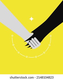 Psychological problem poster design. Fear of your inner monsters. The concept of battle and reconciliation with the inner self. Man's hand holding onto the paw of a big wolf