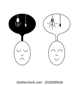 Psychological problems before and after working with a psychologist. The face icon. Lights on and off. Internal fears. Psychological problems. Depression, stress, uncertainty. Mental disorder.