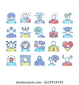 Psychological Problems Collection doodle icons set vector. Depression Bipolar Disorder, Schizophrenia Dementia, Autism Stress Problems sketch hand drawn