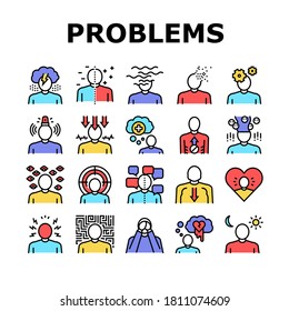 Psychological Problems Collection Icons Set Vector. Depression And Bipolar Disorder, Schizophrenia And Dementia, Autism And Stress Problems Color Contour Illustrations