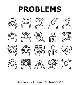 Psychological Problems Collection Icons Set Vector. Depression And Bipolar Disorder, Schizophrenia And Dementia, Autism And Stress Problems Black Contour Illustrations