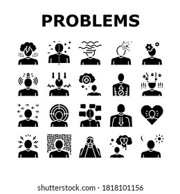 Psychological Problems Collection Icons Set Vector. Depression And Bipolar Disorder, Schizophrenia And Dementia, Autism And Stress Problems Glyph Pictograms Black Illustrations