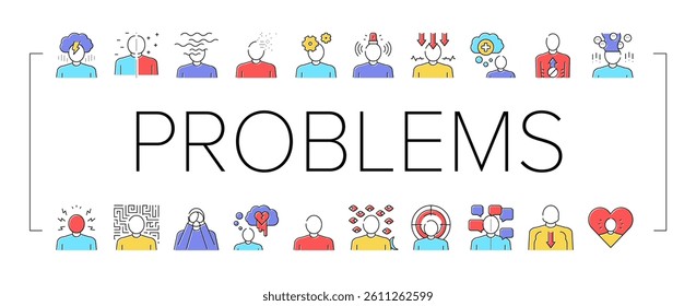 Psychological Problems Collection Icons Set Vector. Depression And Bipolar Disorder, Schizophrenia And Dementia, Autism And Stress Problems Color Contour Illustrations
